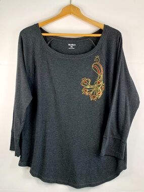 Women’s Peacock beaded festive dark Heathered gray scooped neck boho pullover